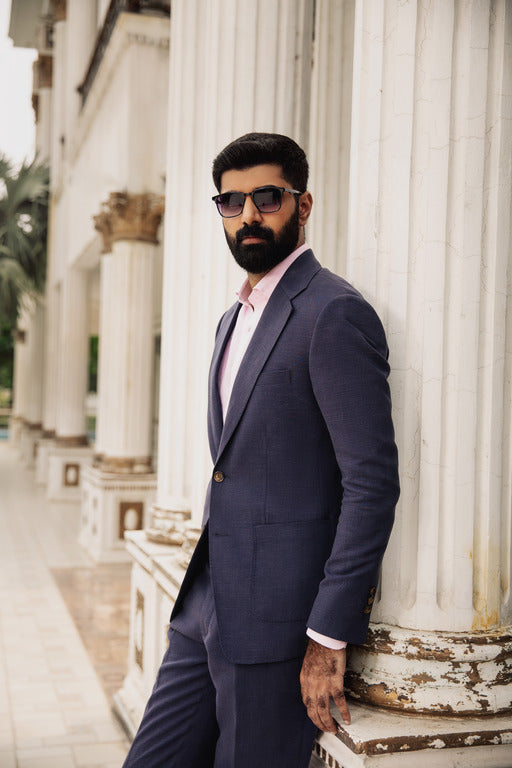 Indigo Crest Navy Blue Double Button Linen Blazer